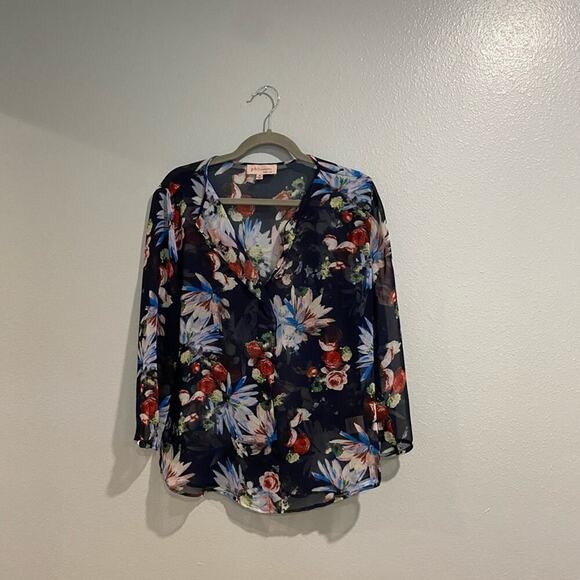 Philosophy Navy Sheer Floral Blouse Sz M - Picture 1 of 10